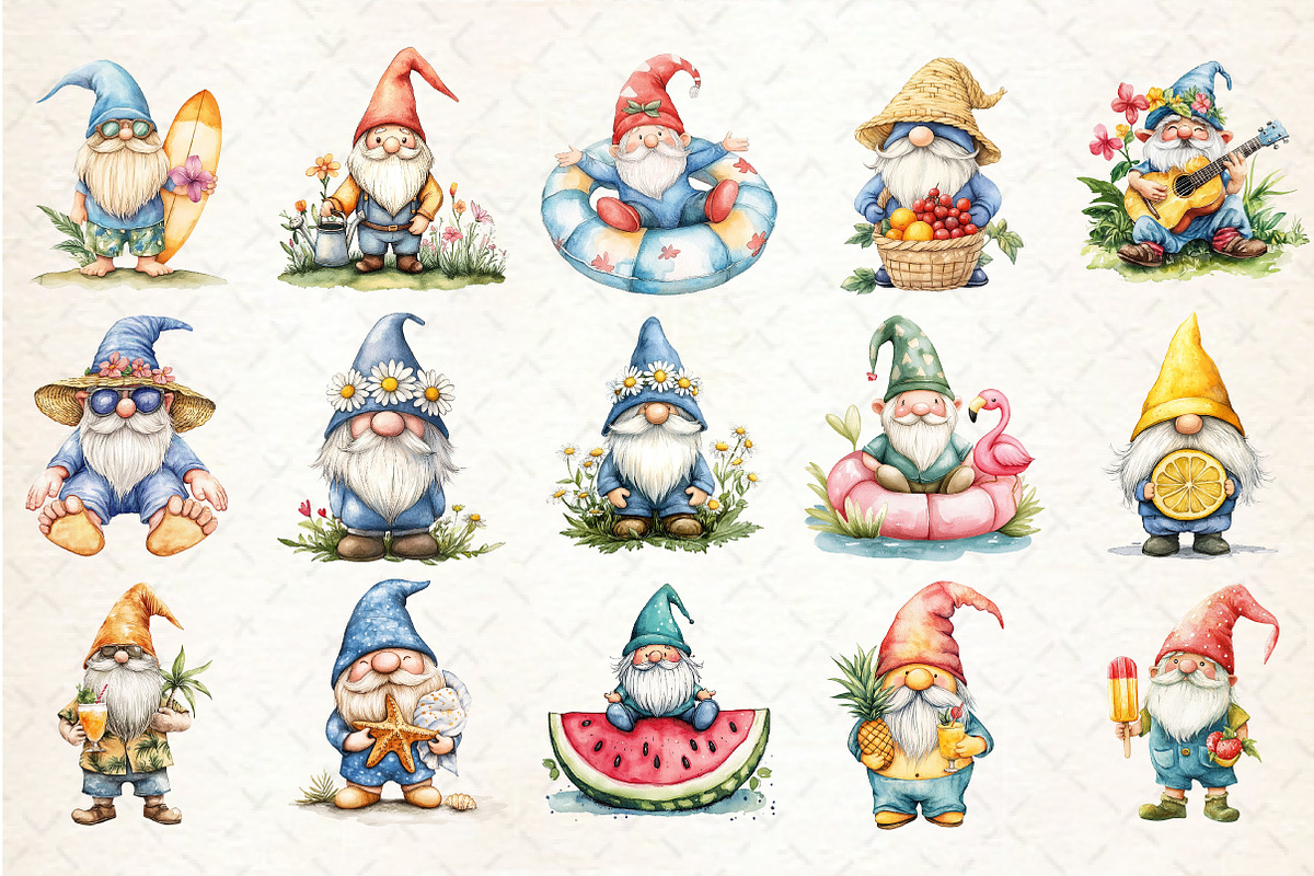 Watercolor Summer Gnome Clipart, an Illustration by Libby Wishes (Photo 2 of 6)