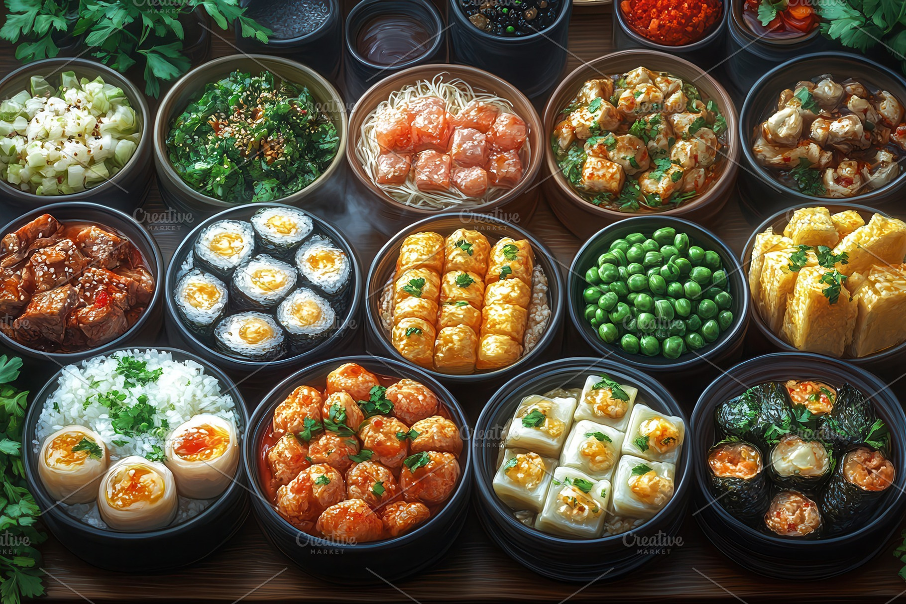 Diverse selection of dishes featurin, a Photo by Tanuart