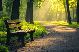 Morning sunlight illuminates a wooden bench in a serene summer park, an Arts & Entertainment Photo by AlyaAnd