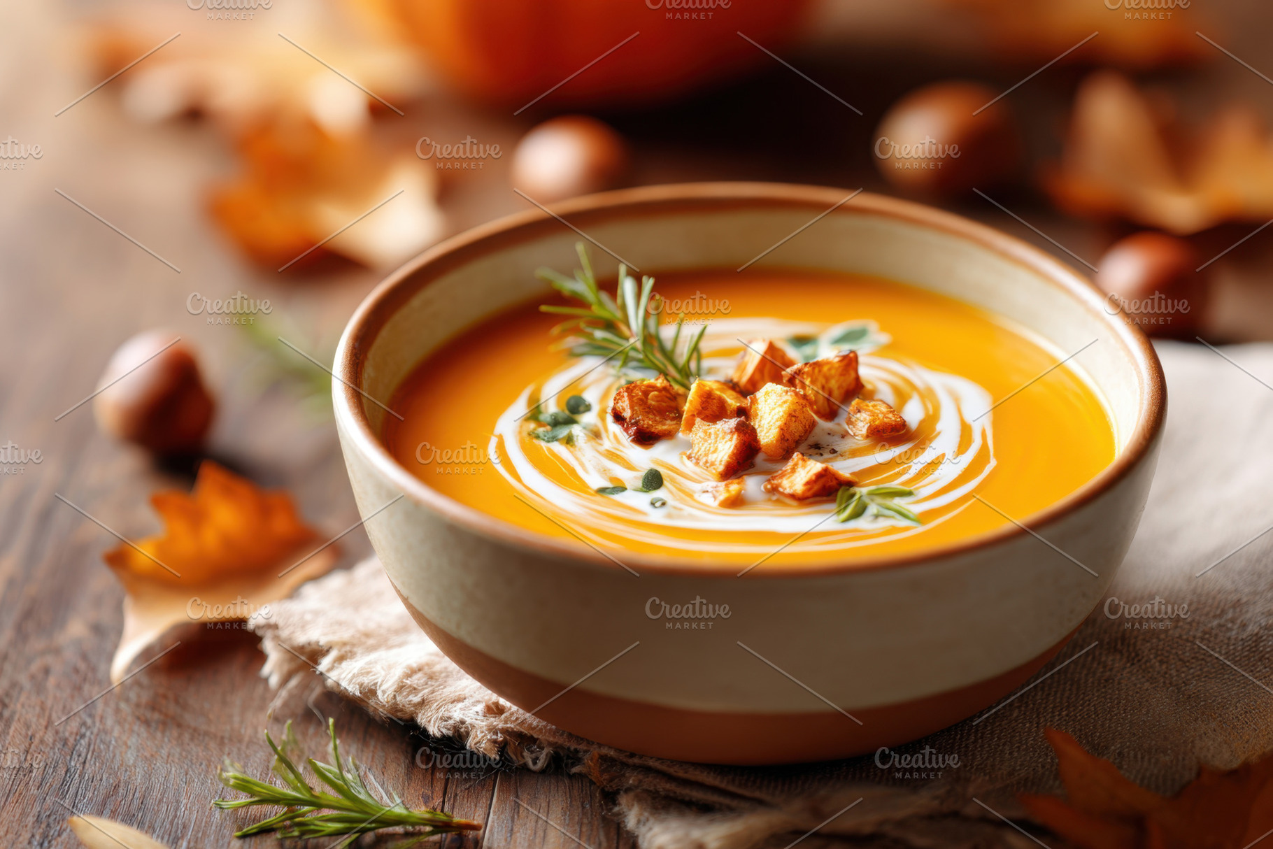 Creamy orange soup with seeds and cream swirl, a Food & Drink Photo by AlyaAnd