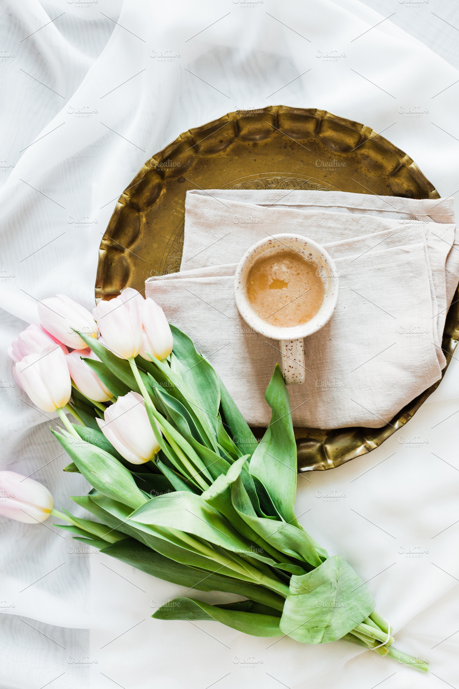 Coffee and Tulips in Bed Stock, a Food & Drink Photo by T&V Design Co.