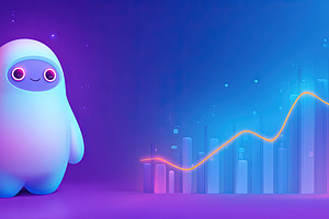 Cute AI robot mascot stands beside a vibrant upward graph, symbo, an Abstract Photo by Ales Munt