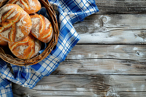 Flat lay of freshly different baked bread in basket with napkin on wooden table, a Food & Drink Photo by AlyaAnd