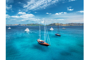 Aerial drone view of yachts and