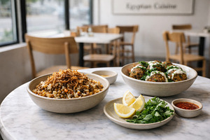Egyptian cuisine featuring bowls of, a Photo by Dvoevnore photos