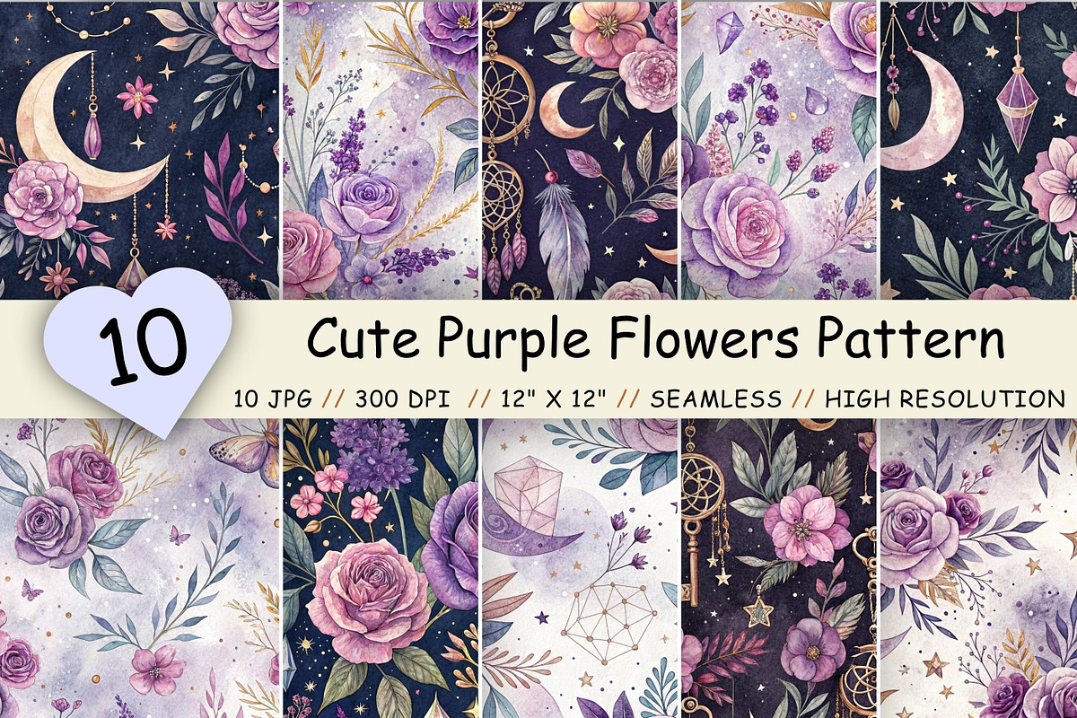 Cute Purple Flowers Pattern Bundle, a Pattern Graphic by FloridPrintables (Photo 1 of 9)