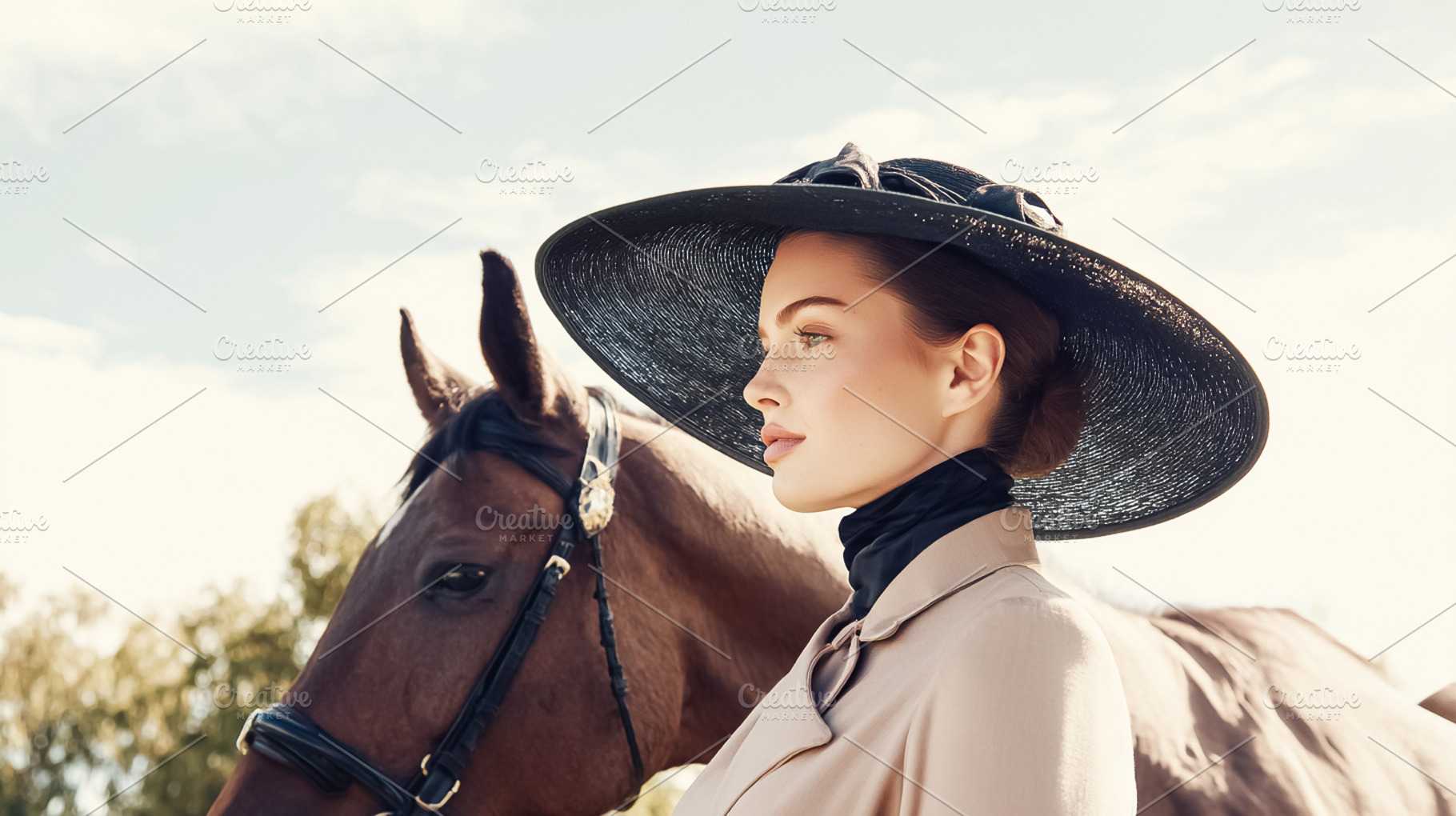 Elegant woman in profile wearing a wide brimmed black hat and be, a Photo by Studio ANNA
