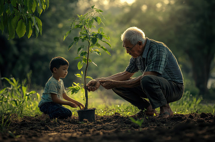 Old man and child planting a tree, a Photo by Pavel_design