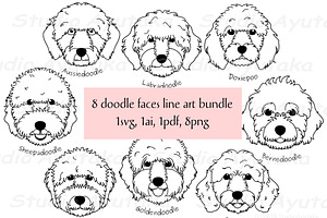 8 doodle dog heads line arts, a Graphic by dogsinarow