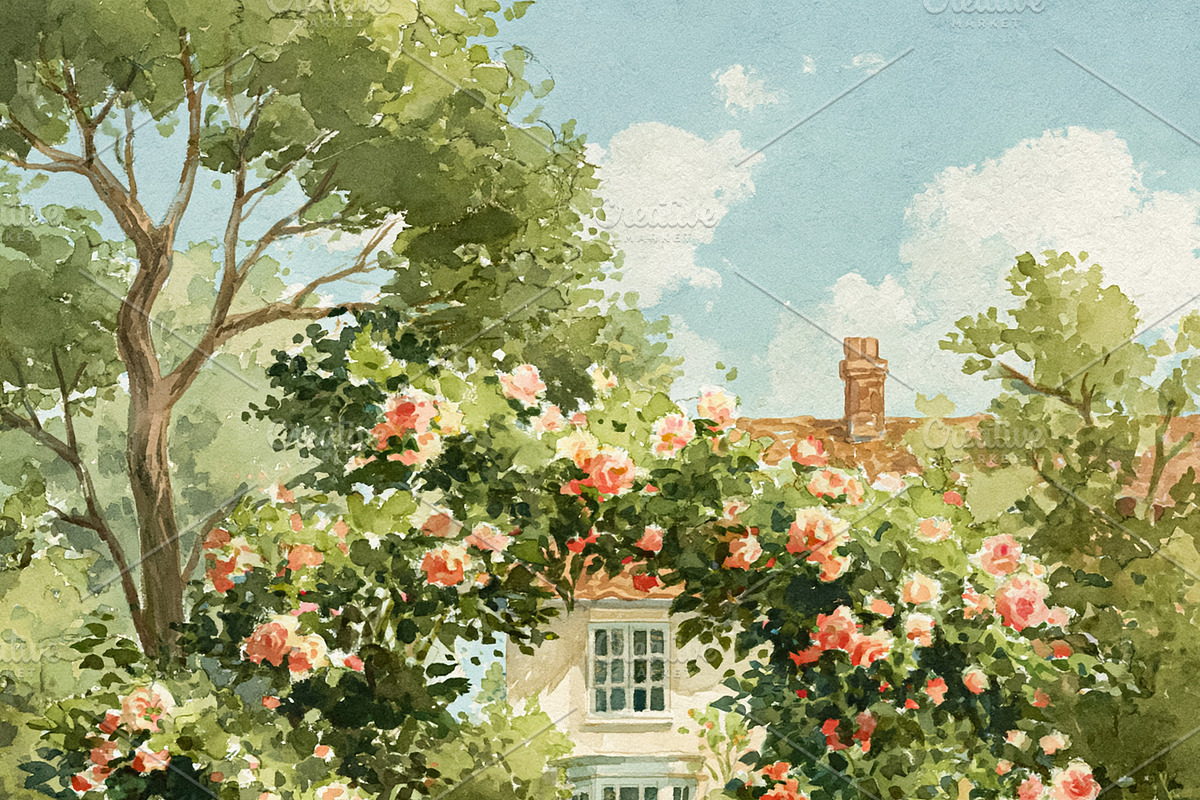 Idyllic cottage garden watercolor painting with a white picket g, a Decorative Illustration by Studio ANNA