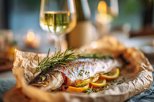 Perfectly baked fish with herbs and citrus served on a rustic table with wine, a Photo by AlyaAnd