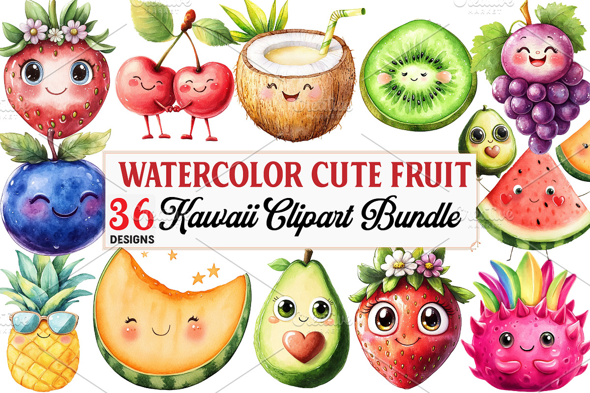 Cute Fruit Clipart,Kawaii Fruits png, an Illustration by Watercolor design (Photo 1 of 5)