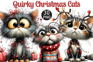 Quirky Christmas Cats Clipart, an Illustration by Black Bird Studio