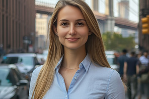 Smiling woman poses confidently on street with Brooklyn Bridge backdrop in New, a Person Photo by AlyaAnd