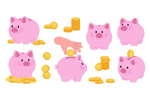 Cute piggy bank set. Pink pig banks, a Finance Illustration by LadadikArt