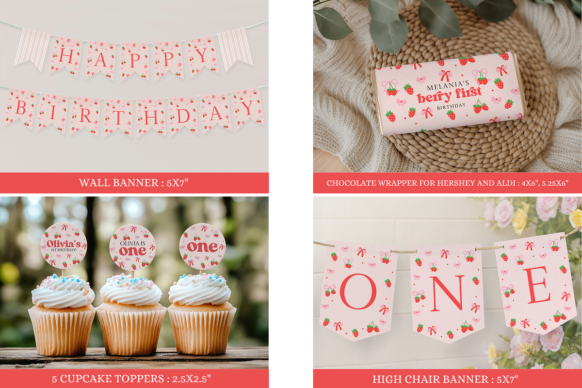 Strawberry 1st Birthday Mega Set, an Invitation Template by Digital_Mind (Photo 6 of 8)