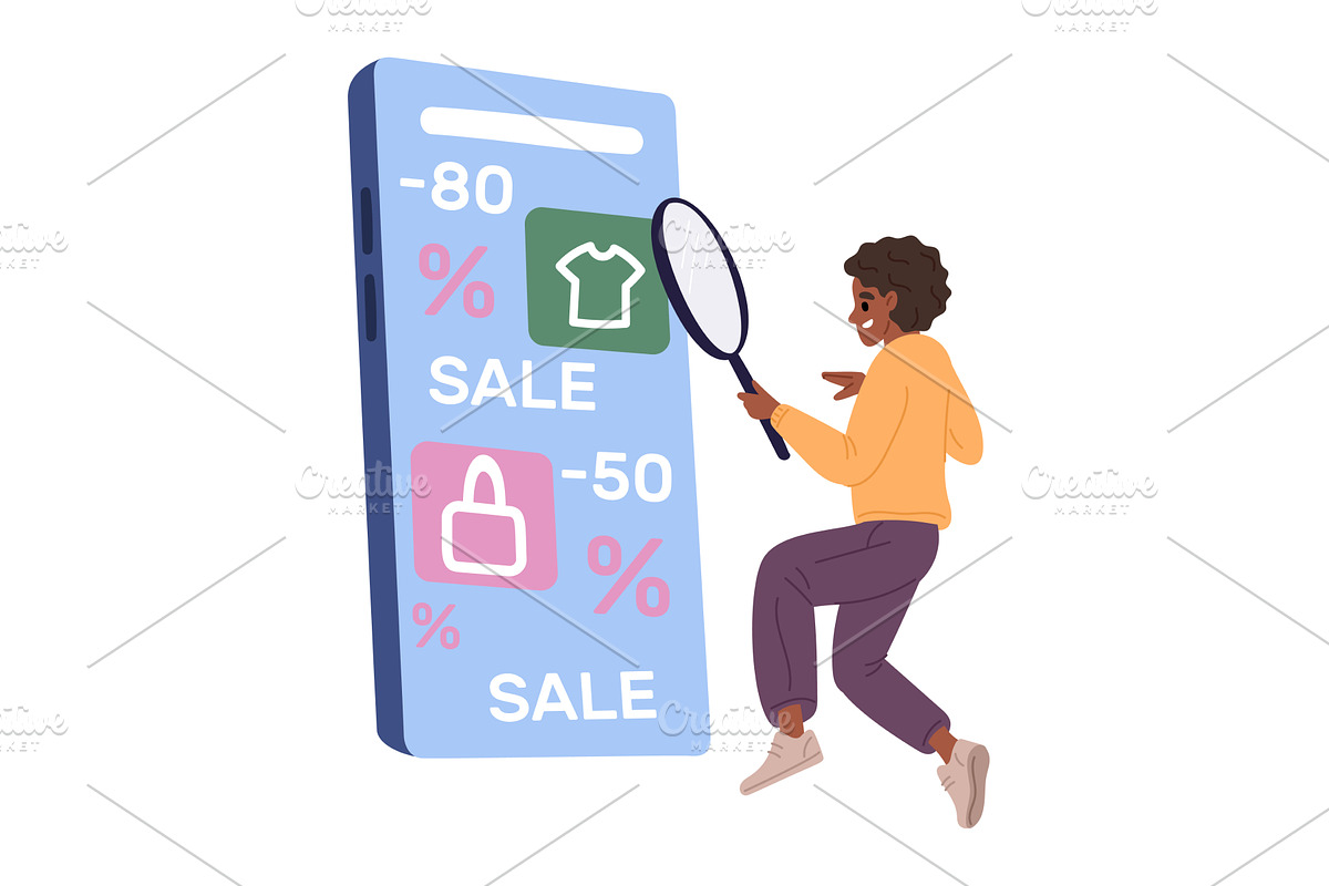 Joyful woman searches her smartphone, a Technology Illustration by Vectorbuum