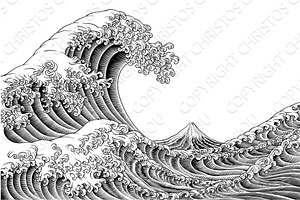 Great Wave Vintage Japanese Engraved, an Illustration by Christos Georghiou