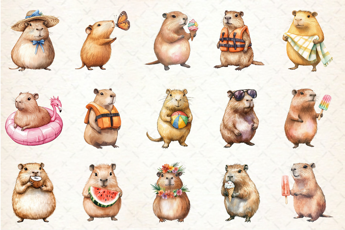 Summer Capybara Watercolor Clipart, an Illustration by Rose Art (Photo 2 of 4)