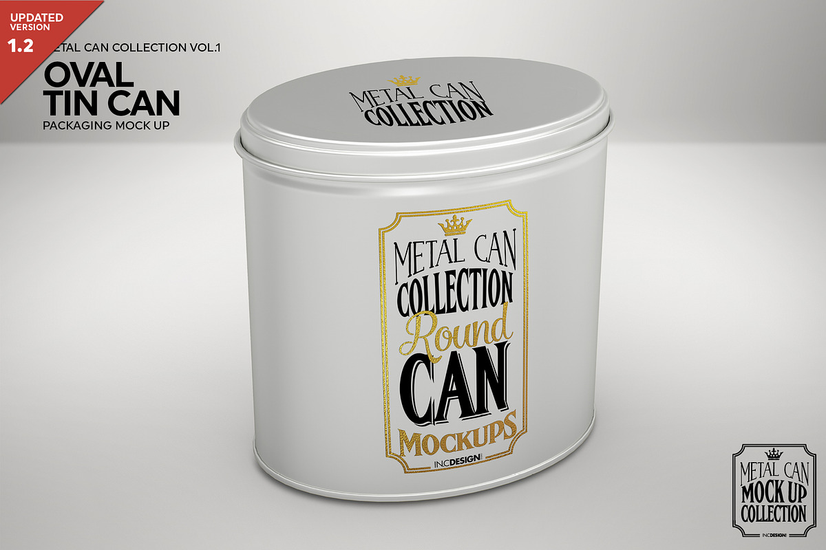 Oval Tin Can Packaging Mockup, a Cups & Container Mockup by INCDesign (Photo 1 of 5)