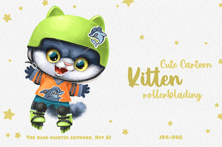 Cute cartoon kitten rollerblading