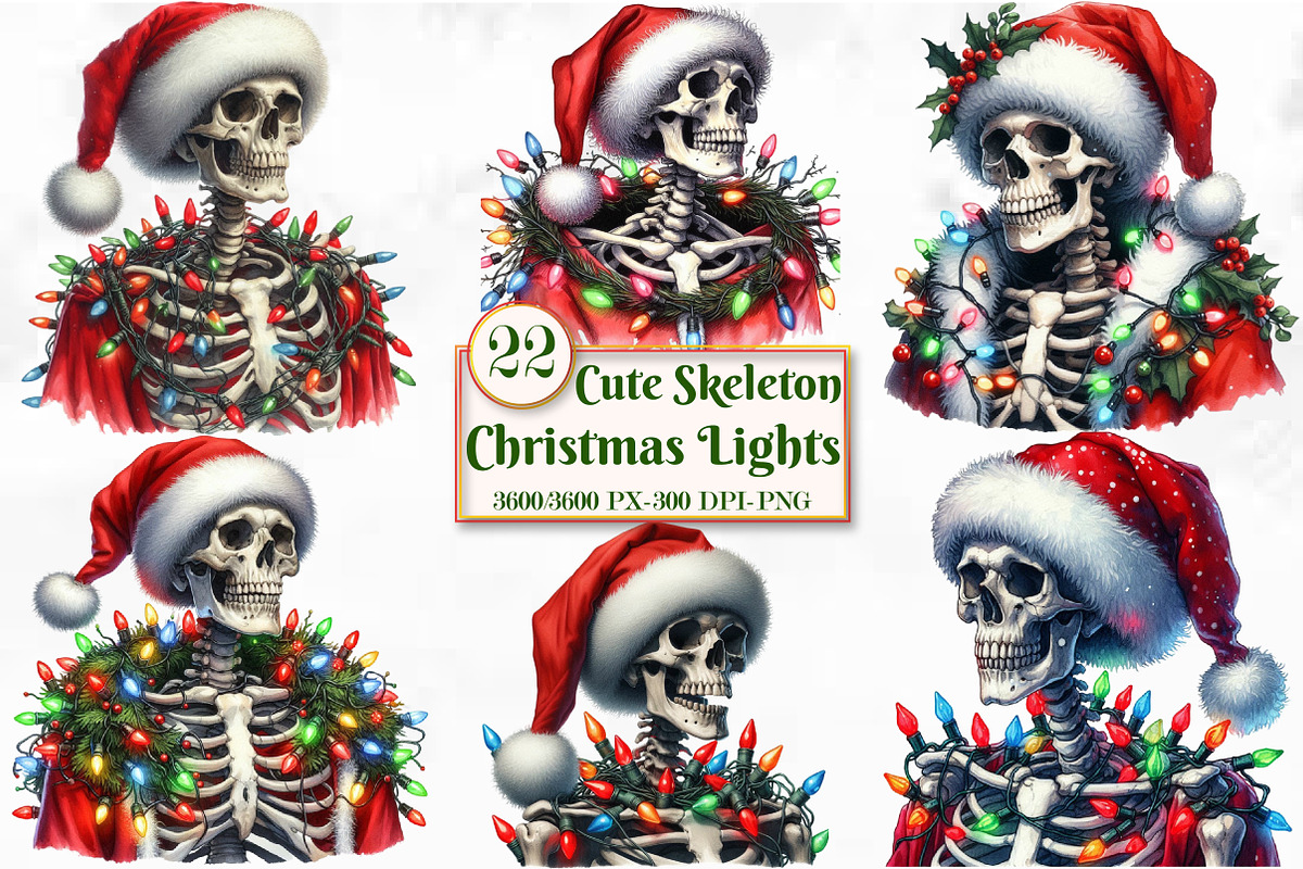 Cute Skeleton With Christmas Lights, a Seasonal Illustration by Craft Nest (Photo 1 of 5)