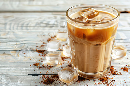 Glass of iced coffee on wooden table, a Food & Drink Photo by AlyaAnd