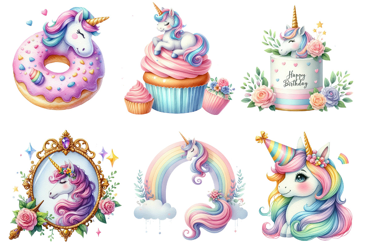 Watercolor Unicorn Birthday PNG, an Illustration by SinaCreation (Photo 2 of 5)