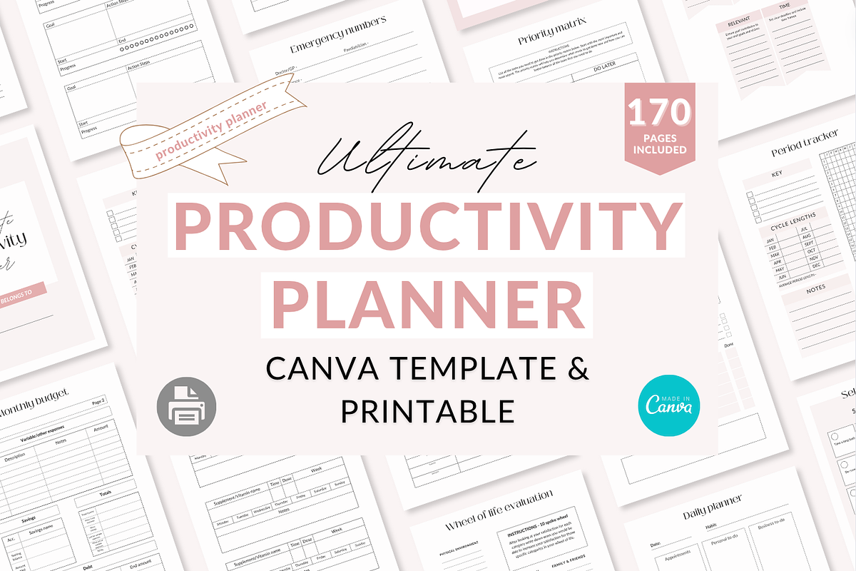 Productivity planner Canva template, a Templates & Theme by Cate Creates (Photo 1 of 9)