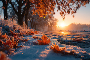 Frozen Autumn Leaves Sunset Winter W, a Photo by Pixeness Studio
