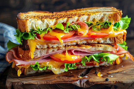 Toast sandwich with cheese, turkey ham, tomato and fresh lettuce on wooden back, a Food & Drink Photo by AlyaAnd