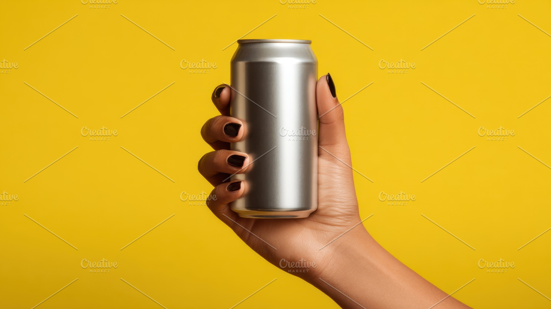 Hand grips silver can on yellow, a Photo by Beautiful things