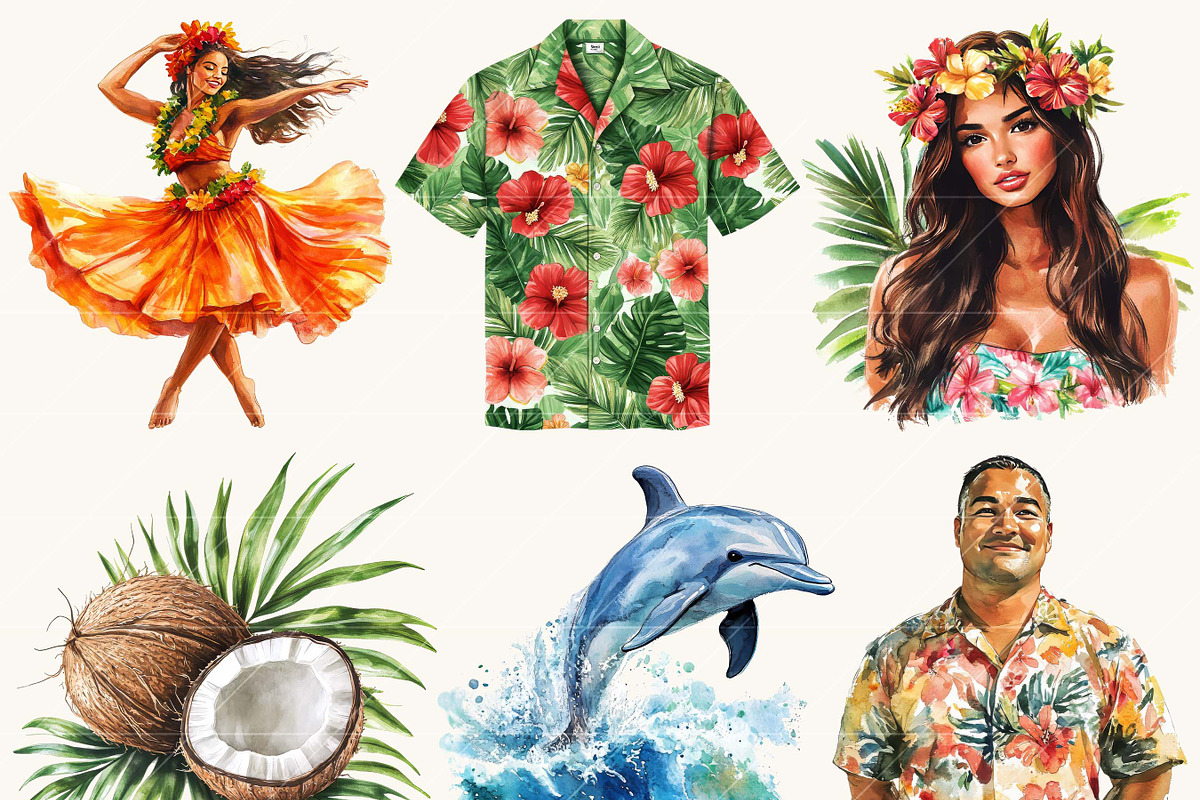 Watercolor Summer Hawaii Clipart, a Person Illustration by BusyDaydesign (Photo 2 of 9)
