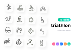 Triathlon 16 Thin Line Icons Set