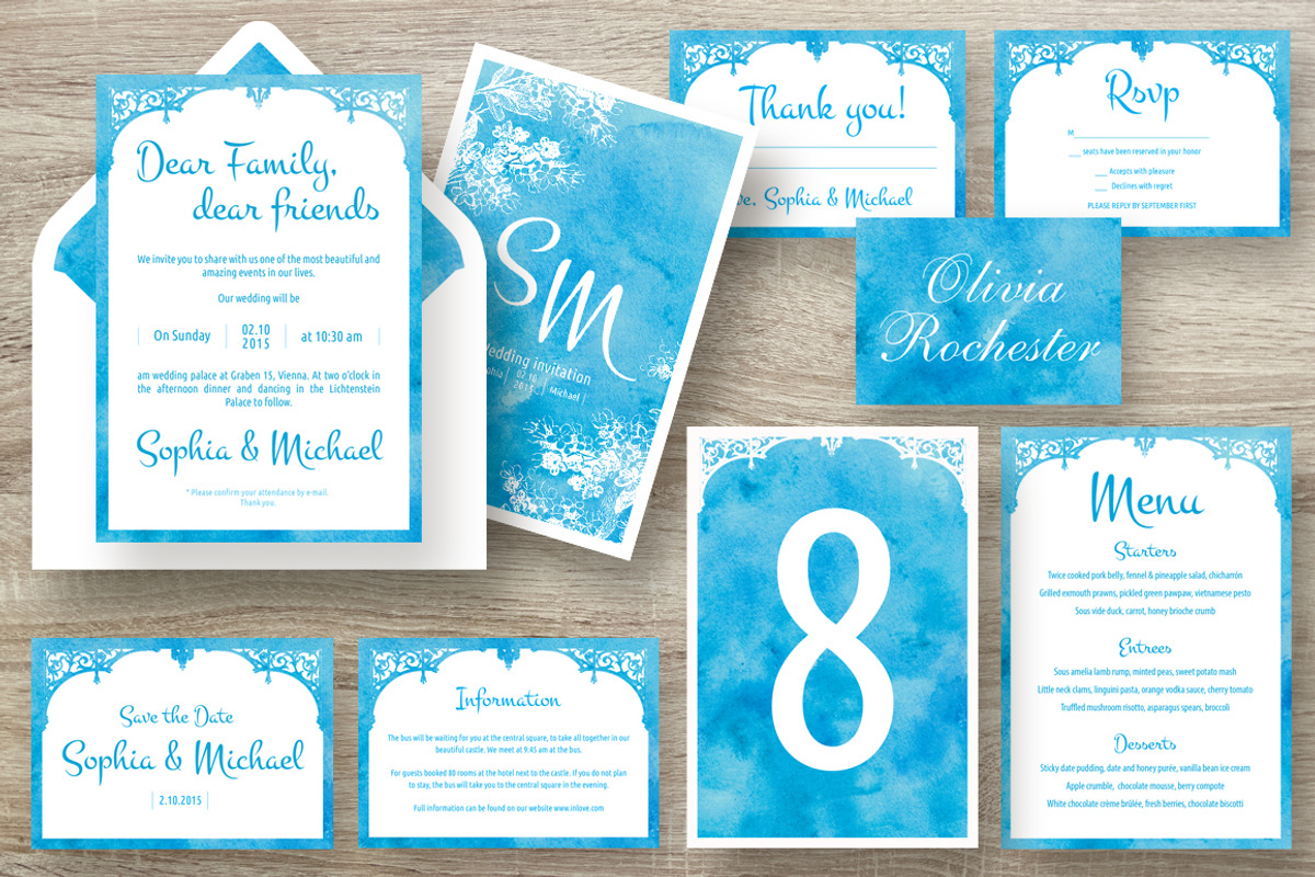Blue Watercolor Invitation suit, an Invitation Template by Cheremuha (Photo 1 of 10)