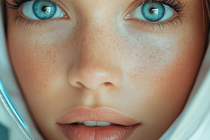 A close-up portrait of a young woman esthetic technologist with striking blue e, a Person Photo by Textures & Backgrounds