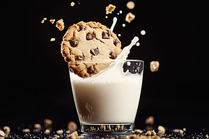 Chocolate cookie falling into glass with white milk, a Food & Drink Photo by AlyaAnd