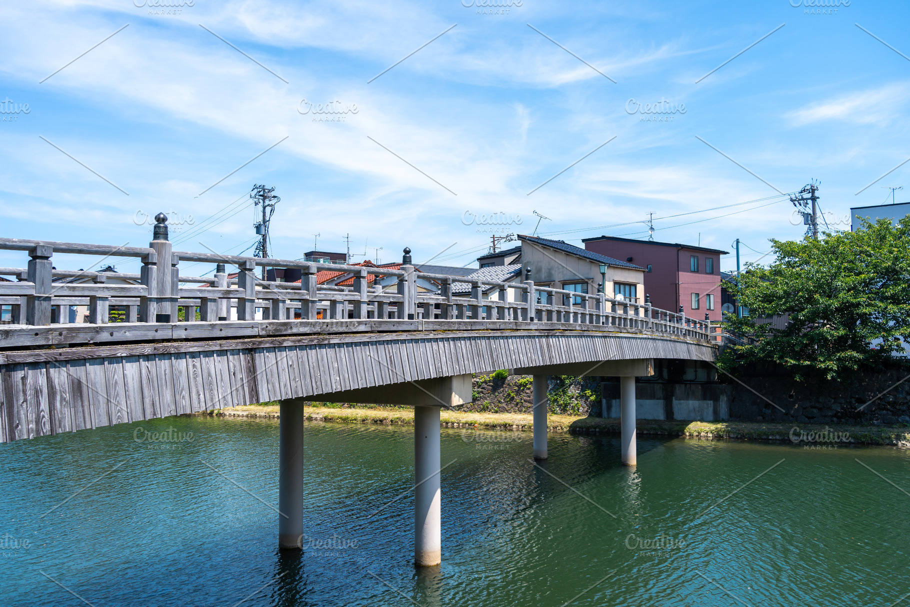 Nakanohashi wooden bridge in Kazue-machi, Kanazawa, Japan river, an Architecture Photo by GoodGoods
