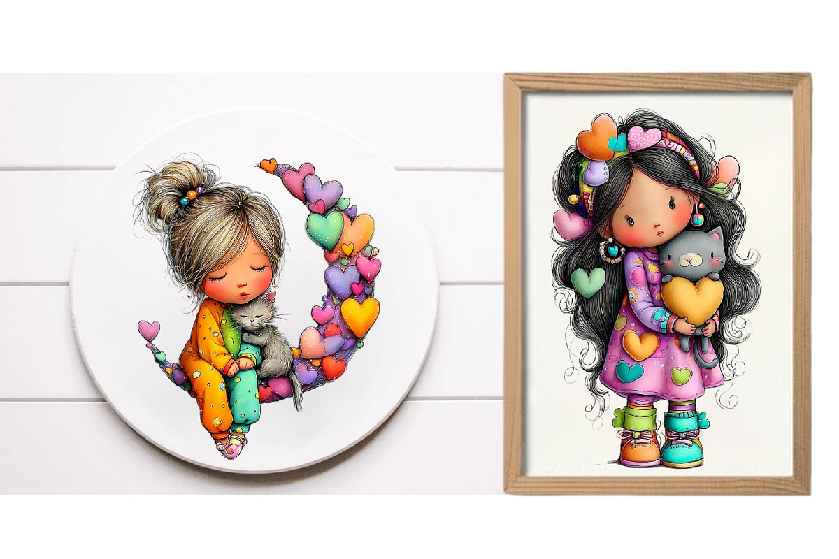 Valentine Girls with cat clipart, an Illustration by Designworld (Photo 3 of 6)