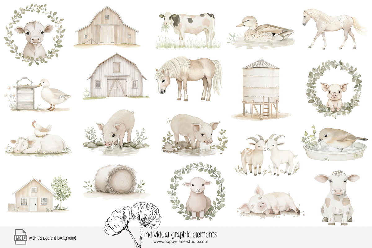 85 pastel farm animals clip art, an Animal Illustration by Poppy Lane Studio (Photo 2 of 11)