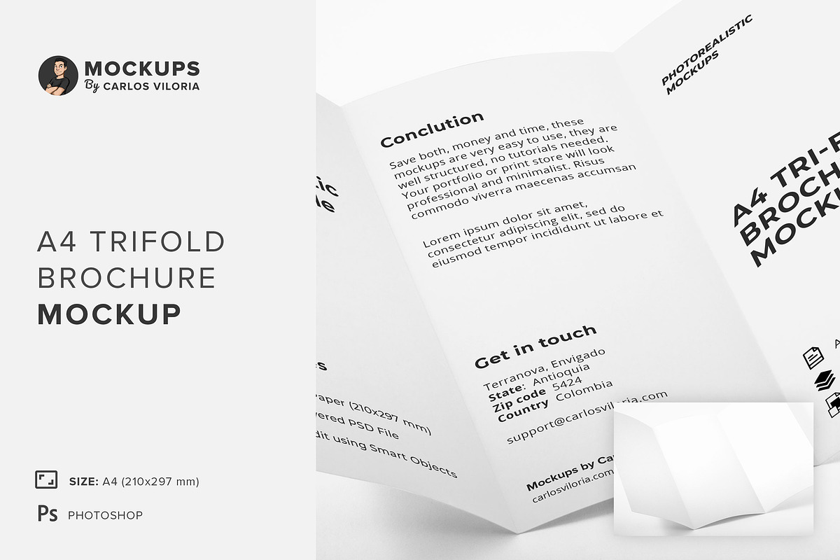 A4 Trifold Brochure Mockup, a Print Template by Mockups by Carlos Viloria