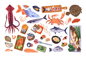 Seafood, fish set + seamless pattern, a Food Illustration by PaperTrident