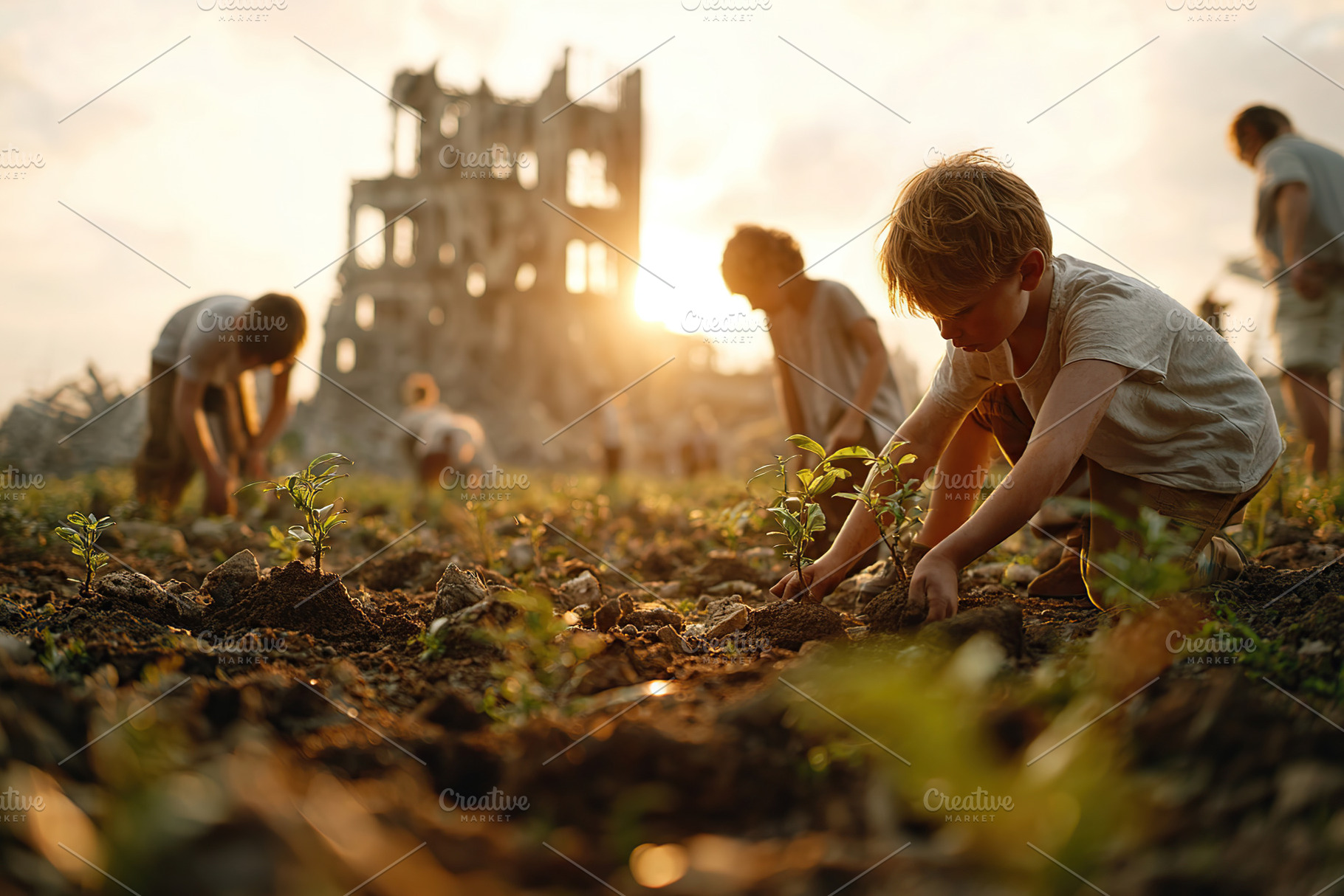 Children planting trees in a bomb-scarred landscape under sunset, a Photo by AlyaAnd