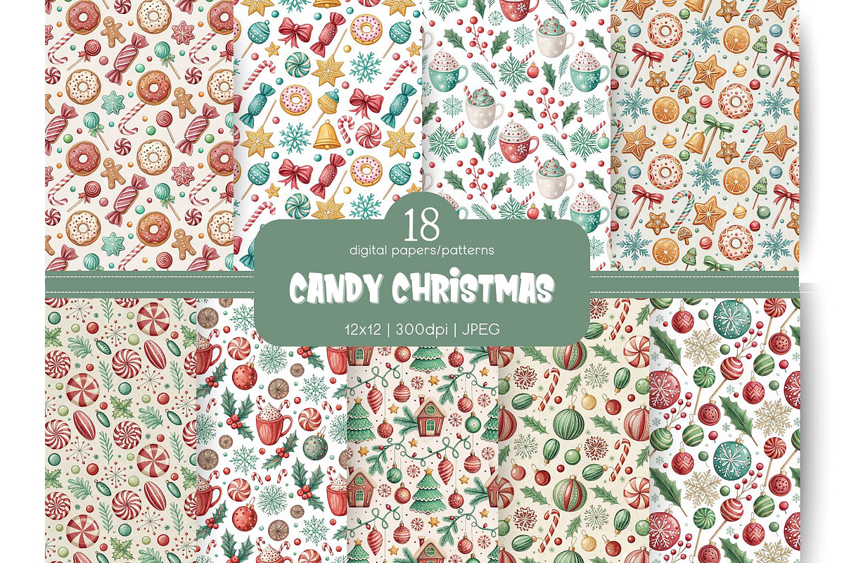Candy Christmas Digital Paper, an Illustration by MockupWizard (Photo 1 of 5)