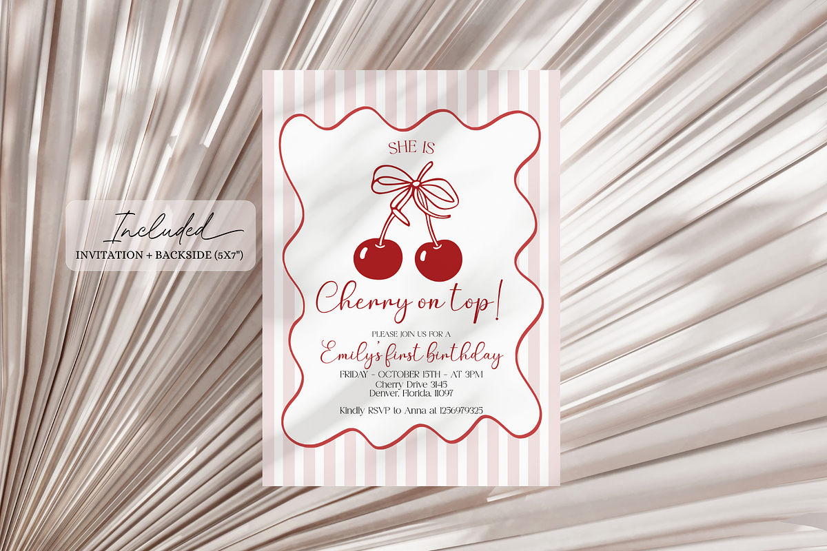 Cherry on Top 1st Birthday Invite, a Templates & Theme by VeliusCreativeStudio (Photo 2 of 6)