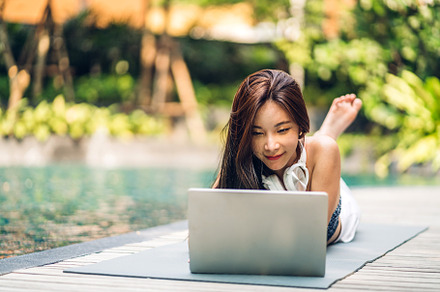 Portrait of smiling happy beauty asian freelancer traveler blogg