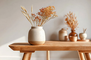 Elegant ceramic vase with dried flowers on wooden table in a cozy living space, a Photo by AlyaAnd