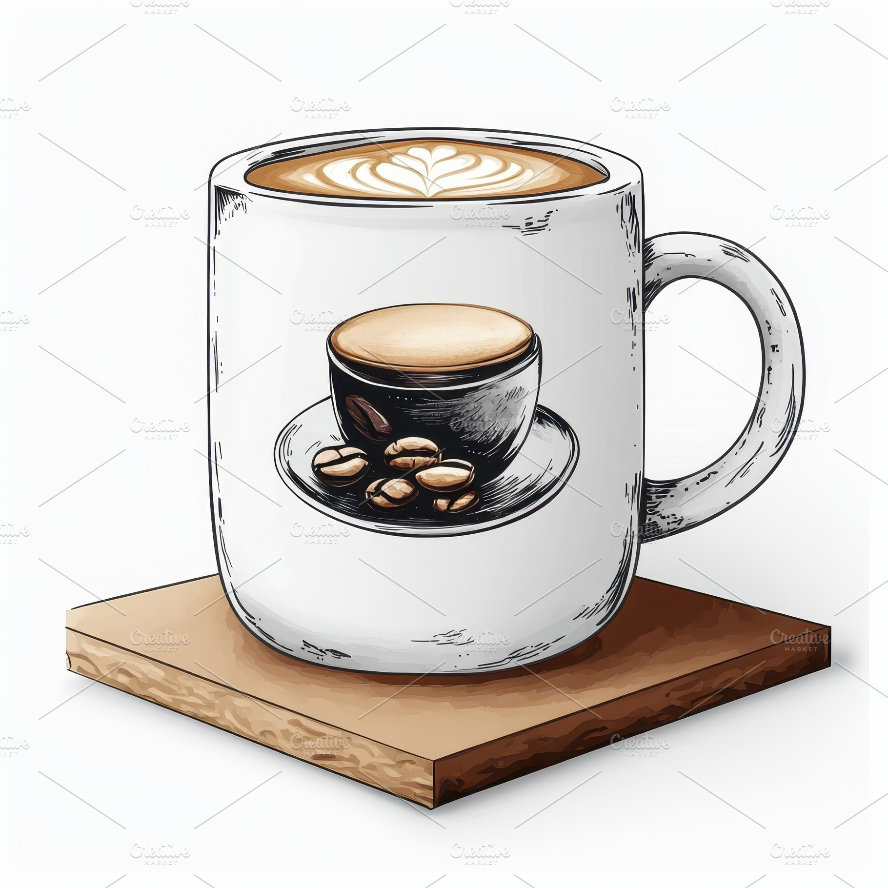 Latte art in a mug coffee beans desi, a Food & Drink Photo by Pixeness