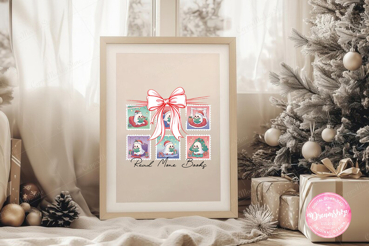 Cute Ghost Reading Christmas Stamps, an Illustration by CreationArt (Photo 4 of 4)