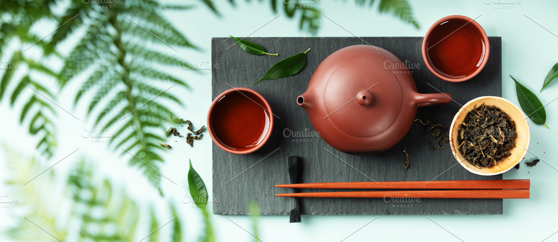 Modern Asian Tea Ceremony Banner with Red Teapot and Cups, a Food & Drink Photo by Natalia Klenova's Shop